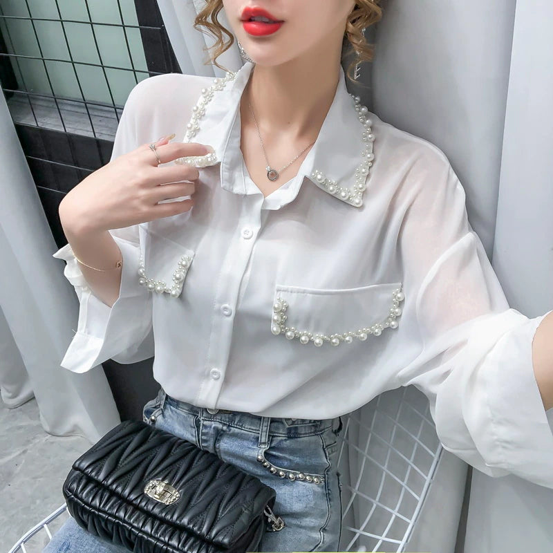 Chic Long Sleeve Chiffon Blouse with Pearl Beading for Y2K and Coquette Aesthetic