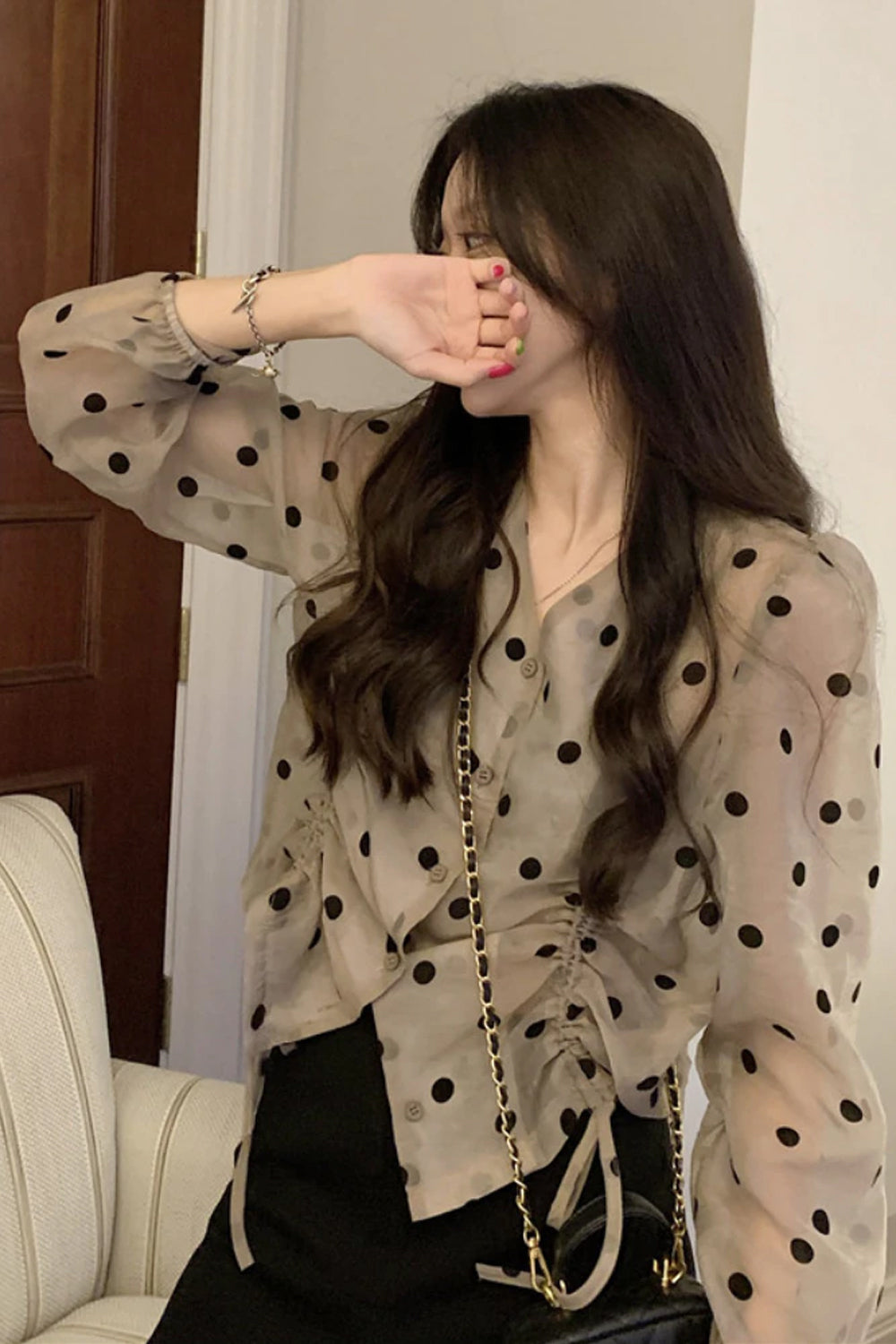 Chic Long Sleeve Dot Pattern Chiffon Blouse for Y2K Fashion and Coquette Aesthetic