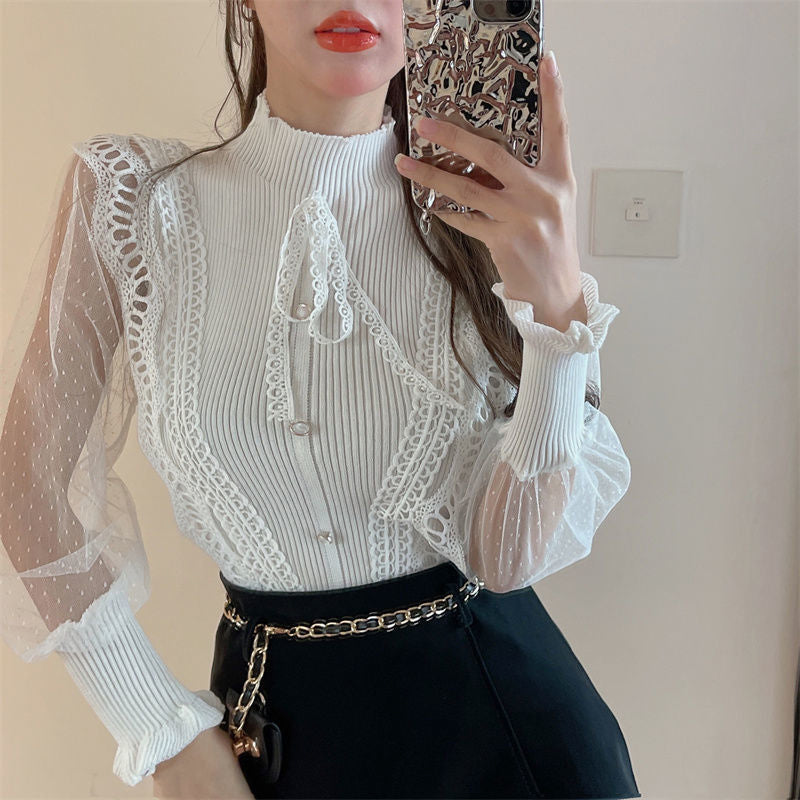 Chic Long Sleeve High Neck Knitted Blouse with Stylish Stitching for Y2K Aesthetic