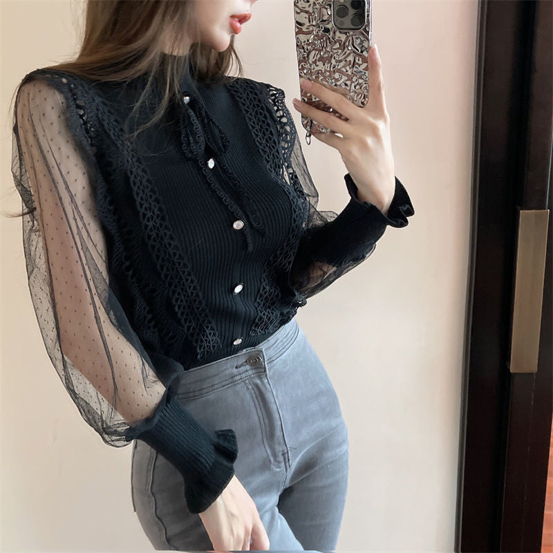 Chic Long Sleeve High Neck Knitted Blouse with Stylish Stitching for Y2K Aesthetic