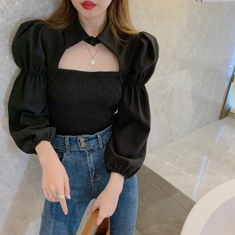 Chic Long Sleeve Hollow Out Puff Sleeve Blouse - Y2K Fashion Essential Top