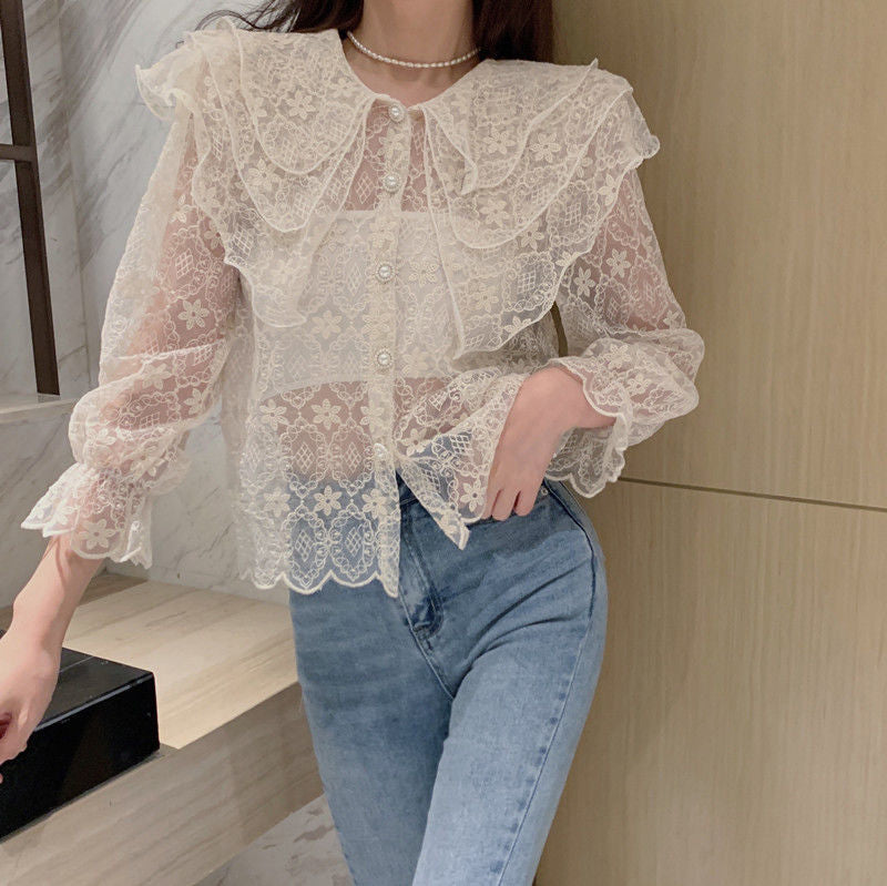 Chic Long Sleeve Lace Blouse with Peter Pan Collar for Y2K Coquette Aesthetic Outfits