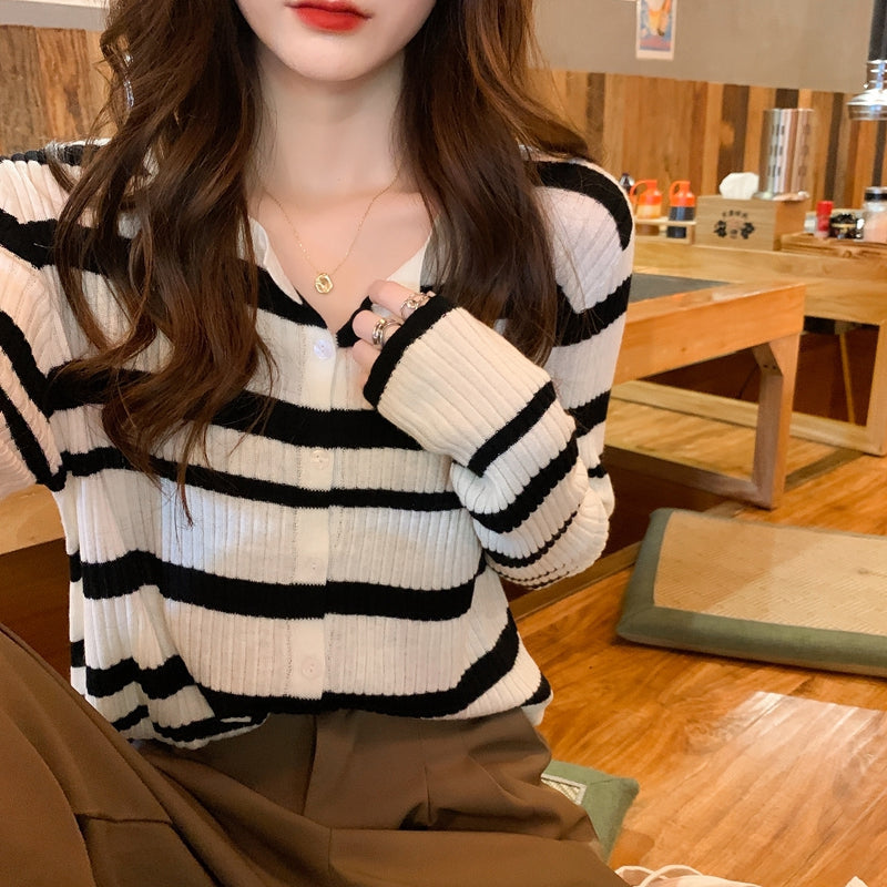 Chic Long Sleeve Striped Cardigan Sweater for Y2K Fashion and Coquette Aesthetic