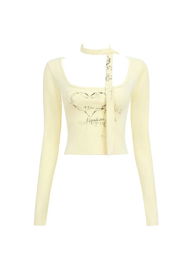 Chic Long Sleeve Top with Trendy Choker Detail for Y2K and Coquette Aesthetic