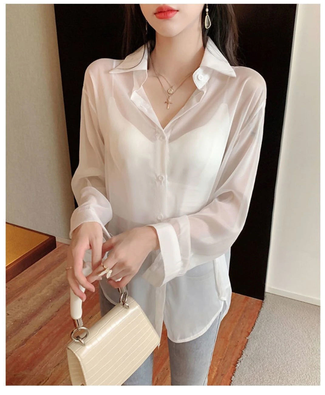 Chic Loose Back Tie Sheer Blouse - Y2K Fashion Essential for Aesthetic Outfits