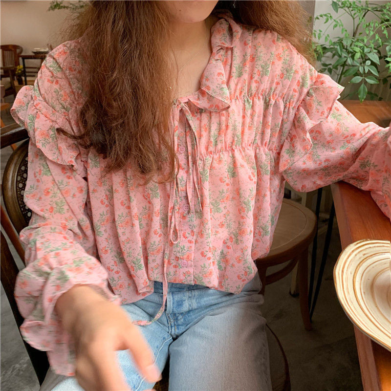 Chic Loose Floral Chiffon Blouse - Y2K Aesthetic Pink Top for Effortless Style