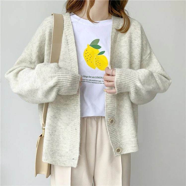 Chic Loose V-Neck Solid Cardigan Sweater for Y2K Fashion and Coquette Aesthetic Styles