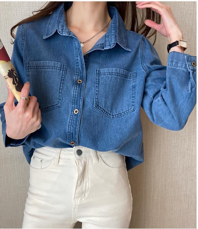 Chic Loose Vintage Denim Blouse Shirt for Effortless Y2K Aesthetic Outfits