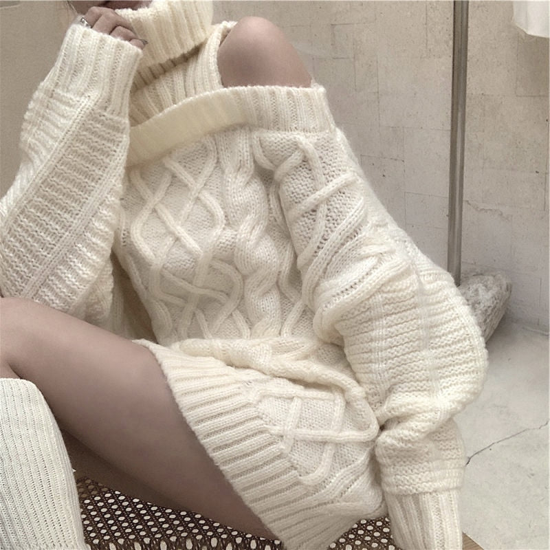 Chic Off Shoulder Turtleneck Knit Sweater for Y2K Fashion and Coquette Aesthetic