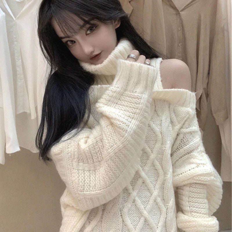 Chic Off Shoulder Turtleneck Knit Sweater for Y2K Fashion and Coquette Aesthetic