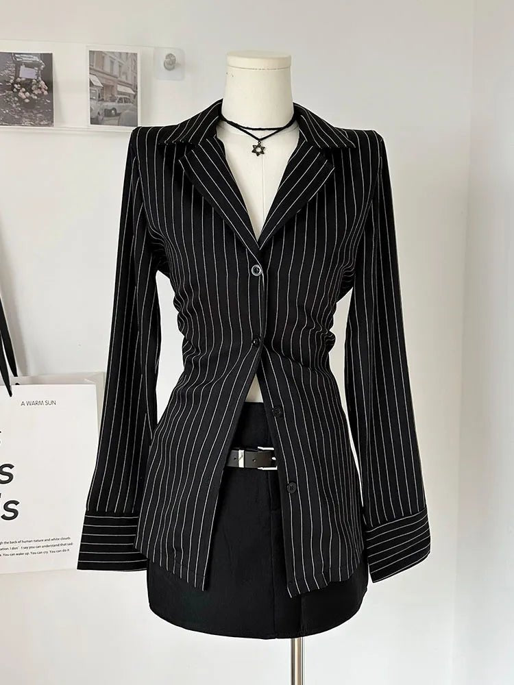 Chic Pinstripe Power Blazer and Skirt Set for Y2K Aesthetic Fashion Lovers