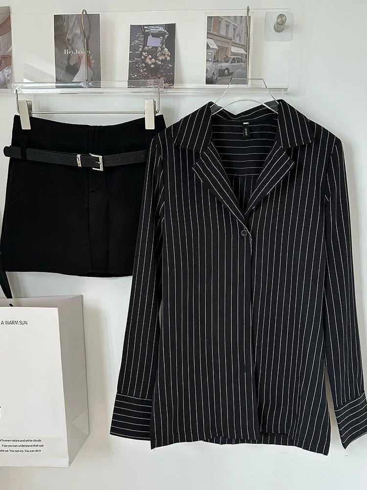 Chic Pinstripe Power Blazer and Skirt Set for Y2K Aesthetic Fashion Lovers