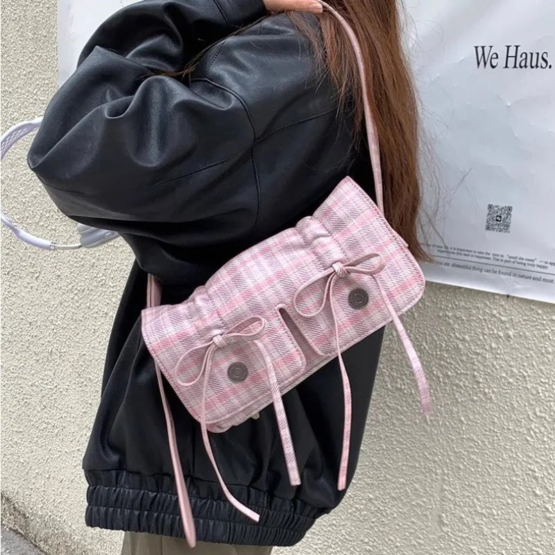 Chic Plaid Pink Shoulder Bag - Y2K Aesthetic Accessory for Stylish Outfits