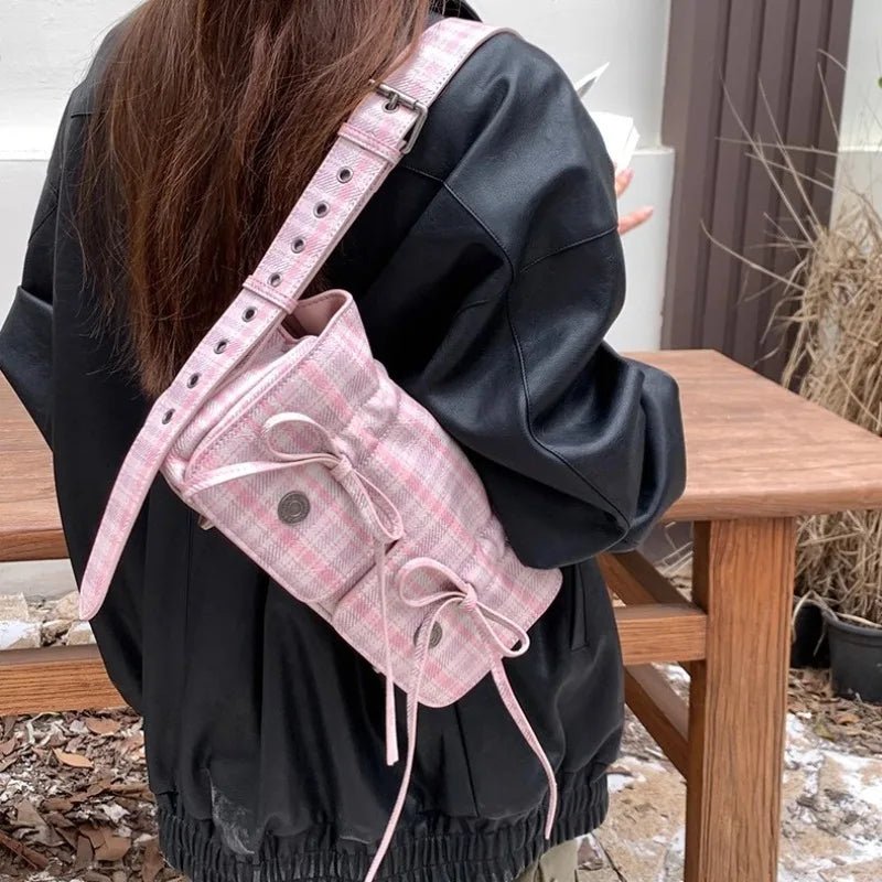 Chic Plaid Pink Shoulder Bag - Y2K Aesthetic Accessory for Stylish Outfits