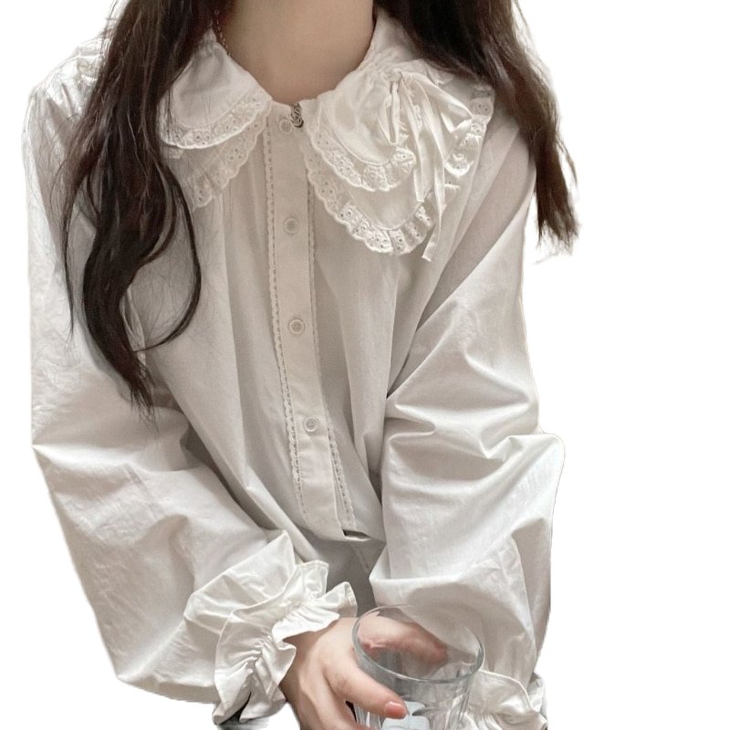 Chic Preppy Lace Button-Up Blouse for Y2K Aesthetic and Coquette Style Outfits