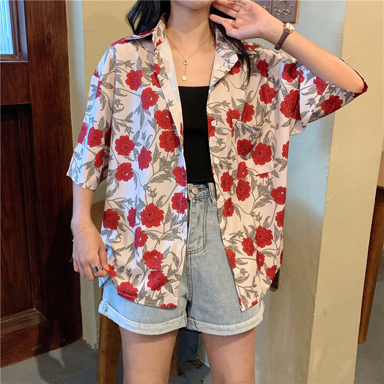 Chic Red Floral Short Sleeve Blouse - Y2K Aesthetic Cute Top for Effortless Style