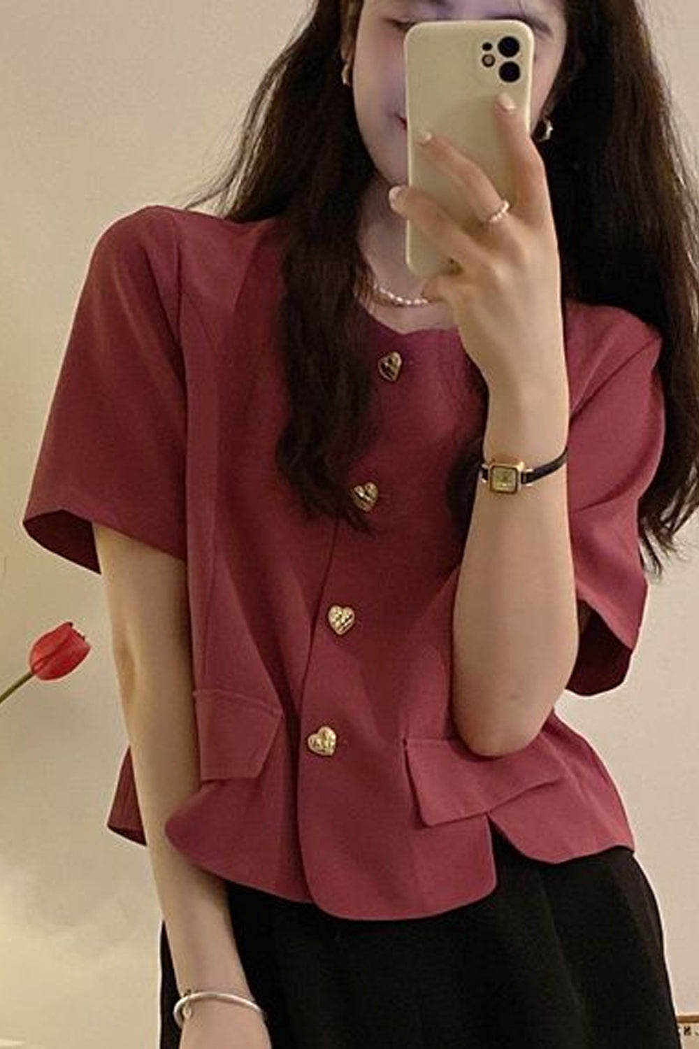 Chic Short Sleeve Heart Button Blazer Shirt for Y2K Fashion and Coquette Aesthetic