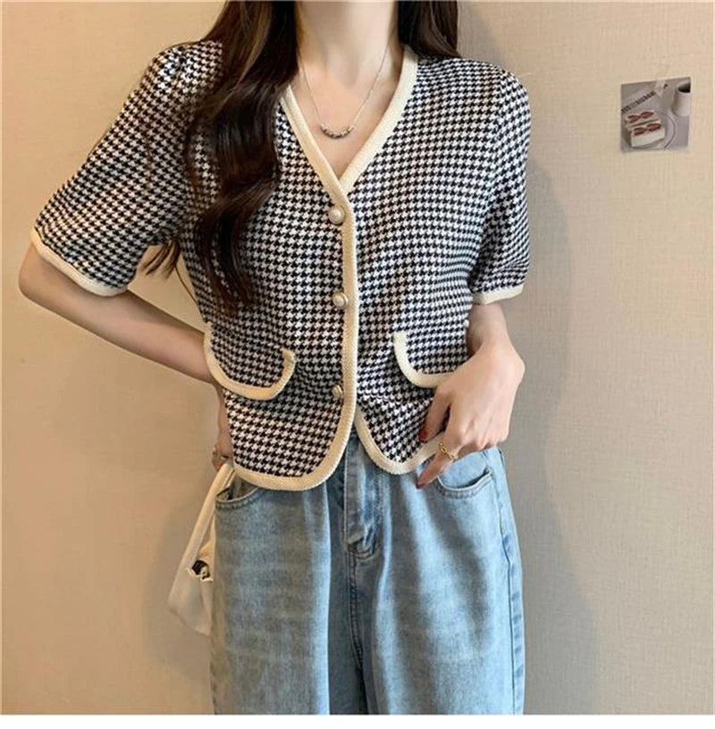 Chic Short Sleeve Houndstooth Pearl Button Blouse for Y2K Fashion Aesthetic Outfits