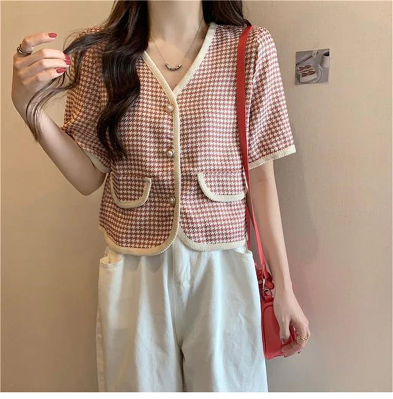 Chic Short Sleeve Houndstooth Pearl Button Blouse for Y2K Fashion Aesthetic Outfits