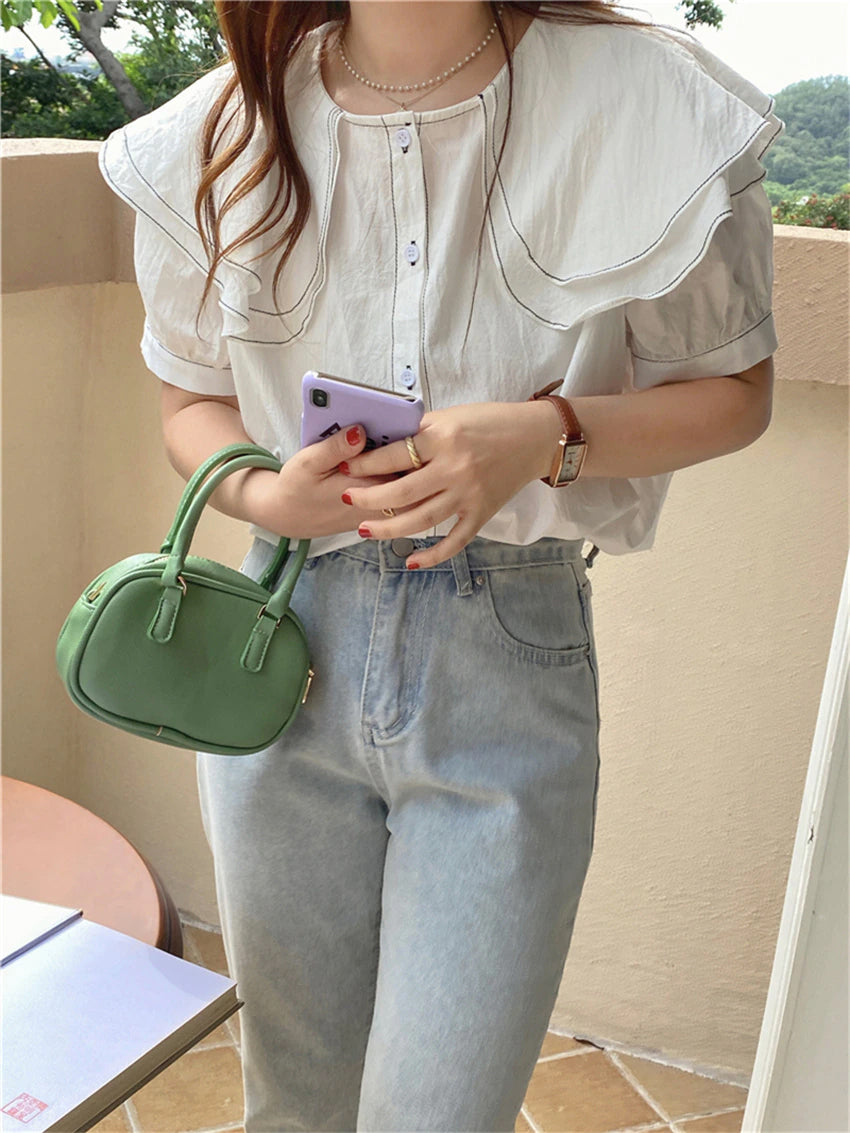 Chic Short Sleeve Square Collar Blouse - Y2K Fashion Essential for Aesthetic Outfits