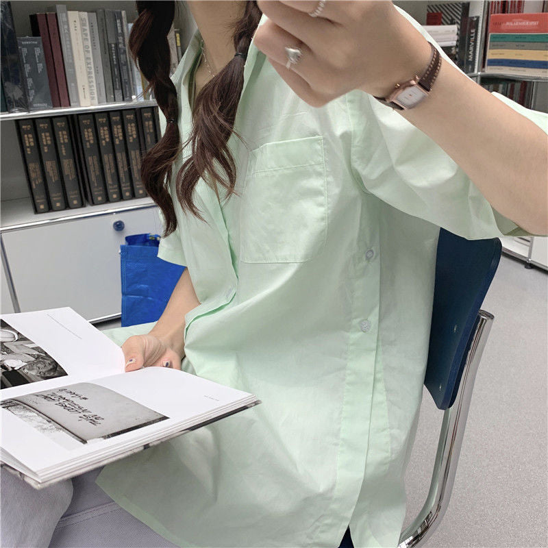 Chic Side Slit Button-Up Blouse: Y2K Aesthetic Short Sleeve Top for Effortless Style