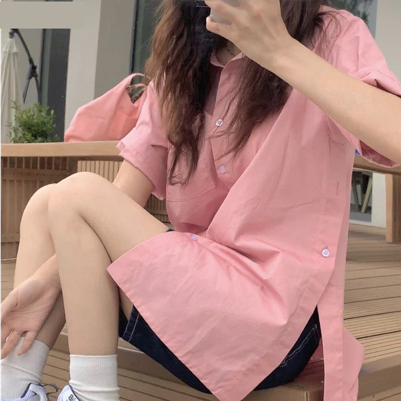 Chic Side Slit Button-Up Blouse: Y2K Aesthetic Short Sleeve Top for Effortless Style