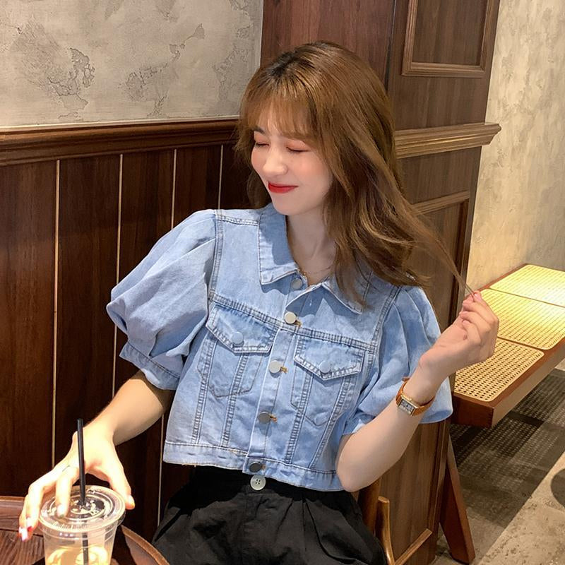 Chic Solid Puff Sleeve Cropped Denim Shirt for Y2K Aesthetic Outfits and Cute Styles