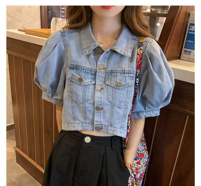 Chic Solid Puff Sleeve Cropped Denim Shirt for Y2K Aesthetic Outfits and Cute Styles