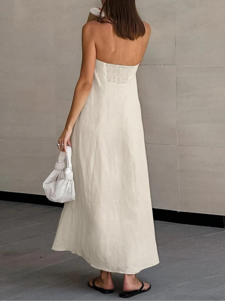 Chic Strapless Linen Midi Dress for Effortless Y2K Style and Coquette Aesthetic