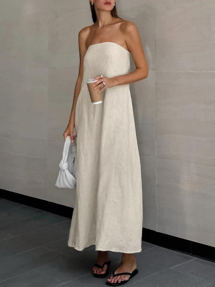 Chic Strapless Linen Midi Dress for Effortless Y2K Style and Coquette Aesthetic