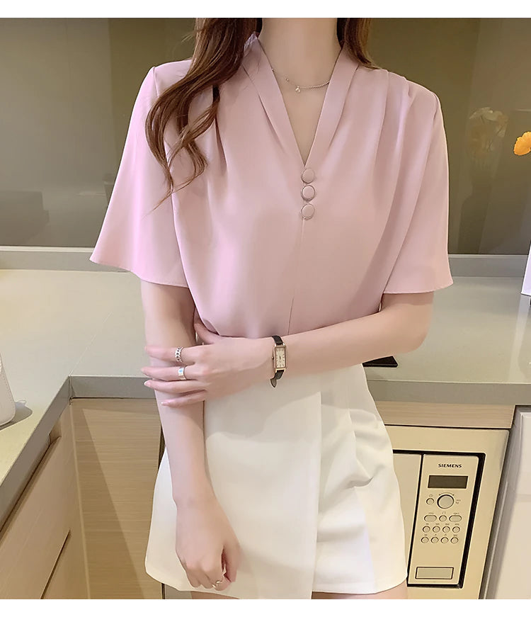 Chic V-Neck Flare Sleeve Blouse for Y2K Fashion Lovers - Stylish Office Top