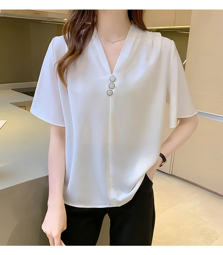 Chic V-Neck Flare Sleeve Blouse for Y2K Fashion Lovers - Stylish Office Top