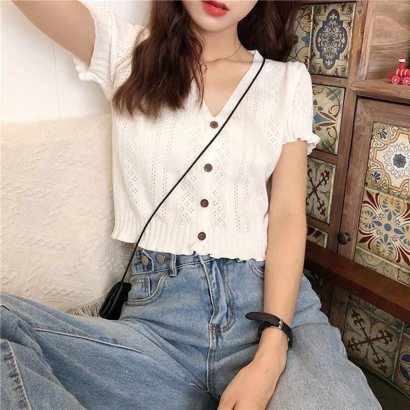 Chic V-Neck Hollow Out Knitted Crop Top - Y2K Fashion Essential for Aesthetic Outfits