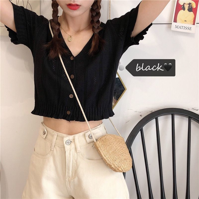 Chic V-Neck Hollow Out Knitted Crop Top - Y2K Fashion Essential for Aesthetic Outfits