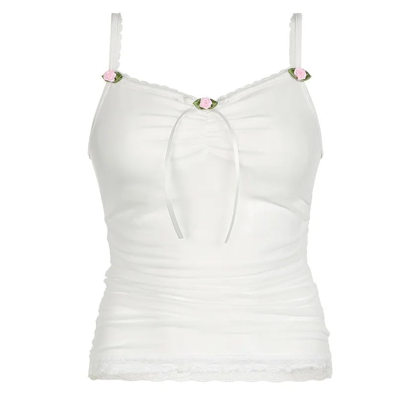 Chic White Bow Lace Camisole Top for Y2K Fashion and Coquette Aesthetic Outfits