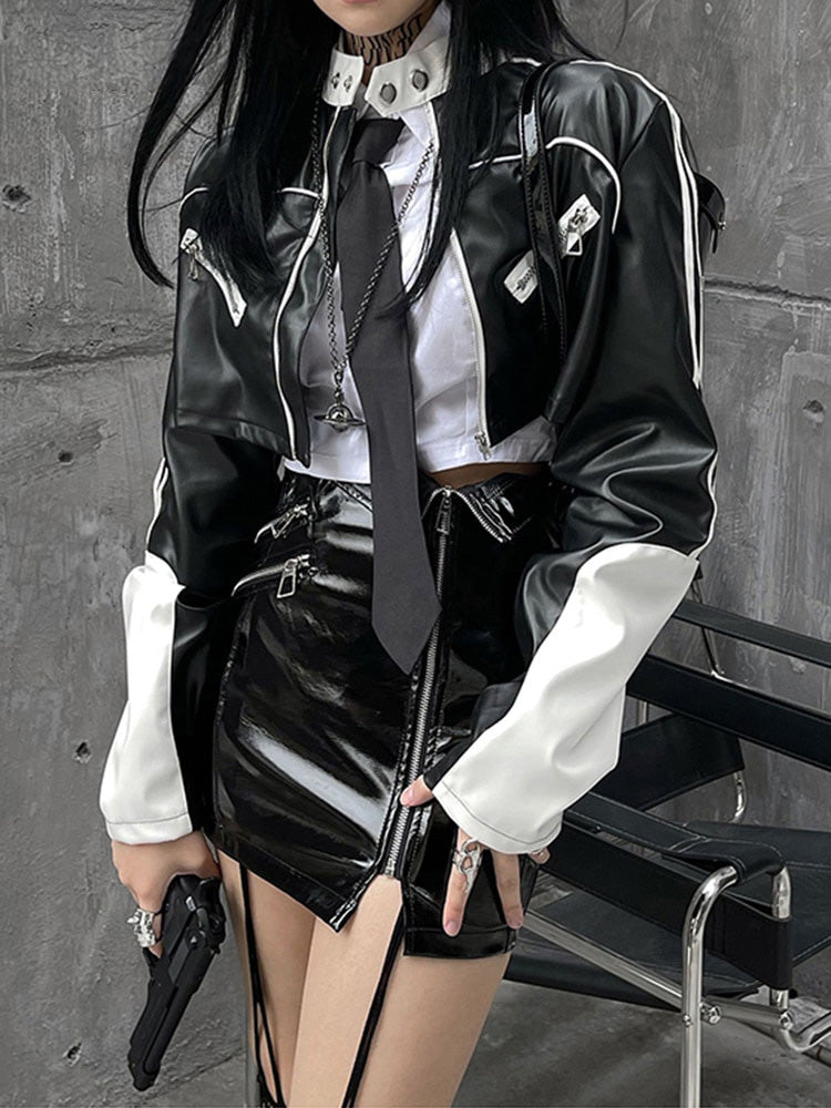 Chic Y2K Patchwork Leather Jacket for Trendy Grunge and Coquette Aesthetic Outfits