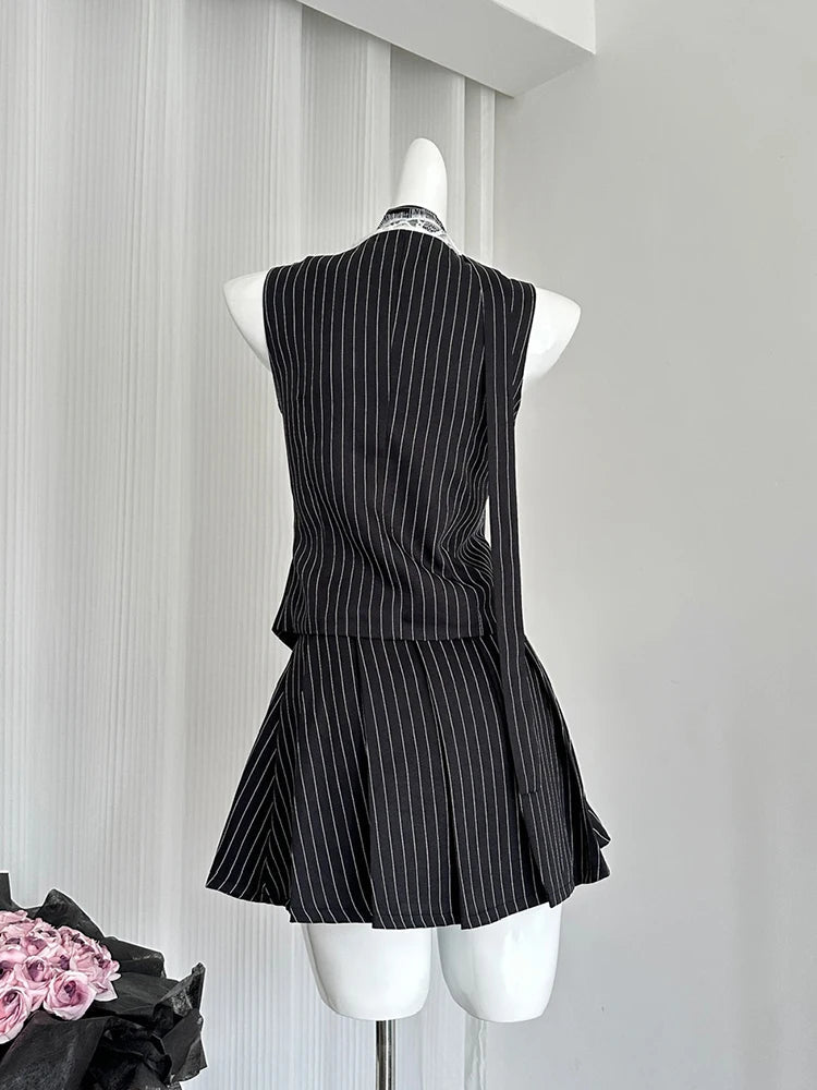 Chic Y2K Pinstripe Lace-Up Skirt Set for Coquette and Grunge Aesthetic Lovers