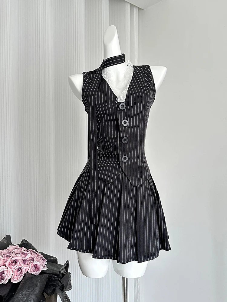 Chic Y2K Pinstripe Lace-Up Skirt Set for Coquette and Grunge Aesthetic Lovers