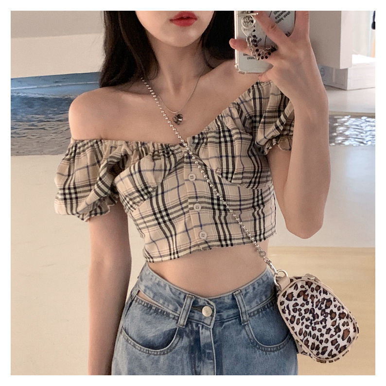 Chic Y2K Puff Sleeve Plaid Crop Top for Trendy Coquette and Grunge Aesthetic Outfits