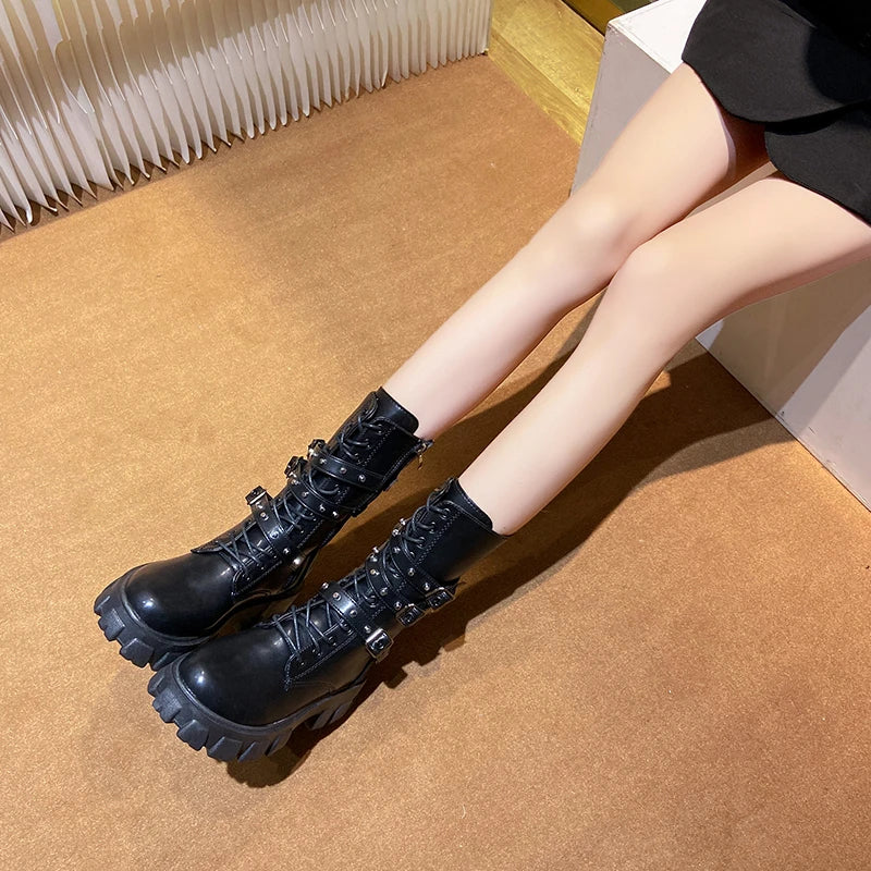 Chunky Heel Y2K Goth Boots for Grunge Aesthetic and Coquette Style Outfits