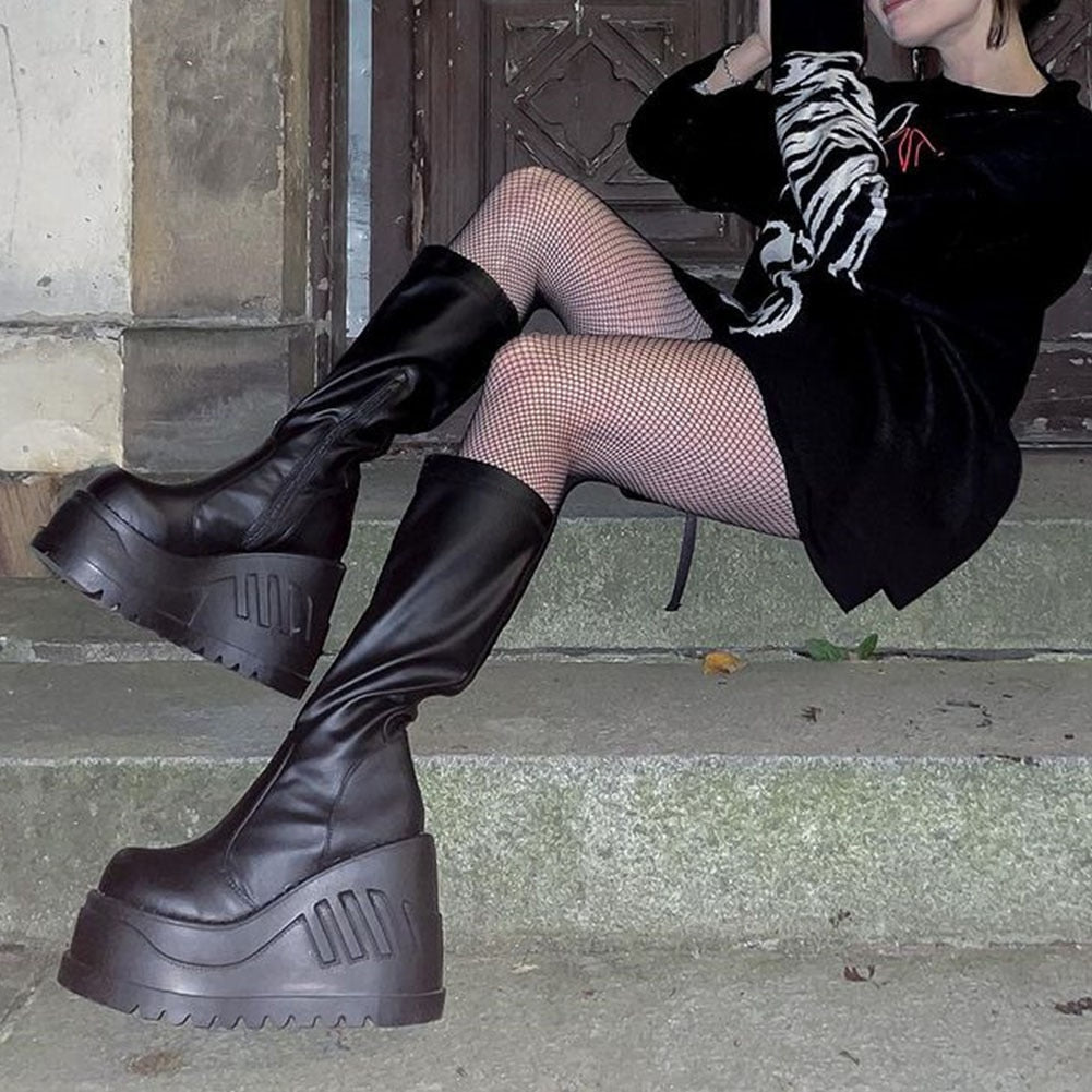 Chunky Platform Knee High Combat Boots in Harajuku Goth Punk Y2K Aesthetic Style