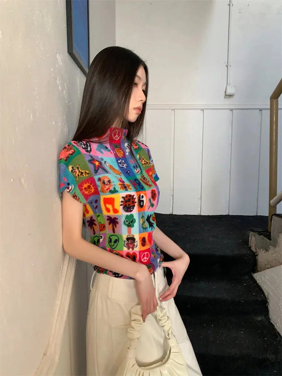 Colorful Sketchbook Pleated Top - Y2K Aesthetic Cute Crop Top for Trendy Outfits