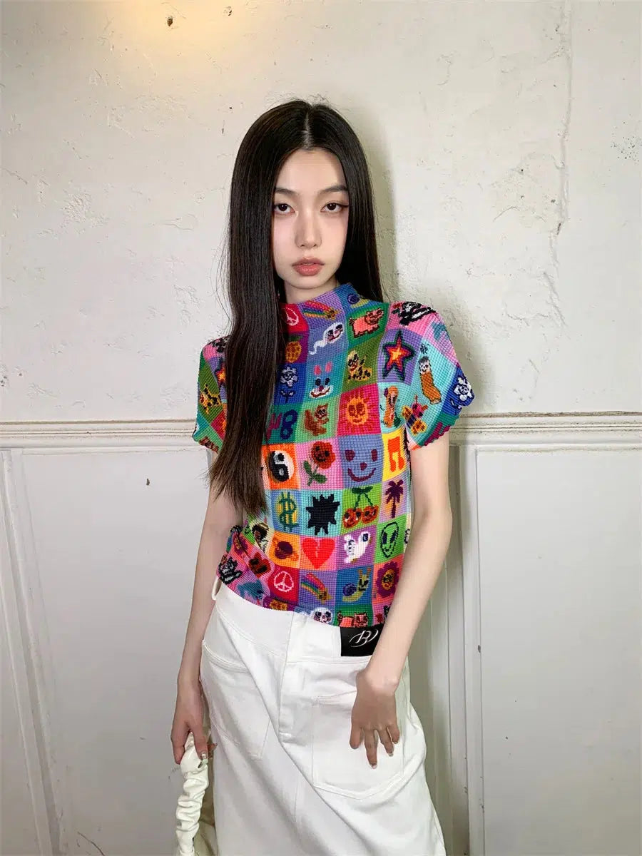 Colorful Sketchbook Pleated Top - Y2K Aesthetic Cute Crop Top for Trendy Outfits