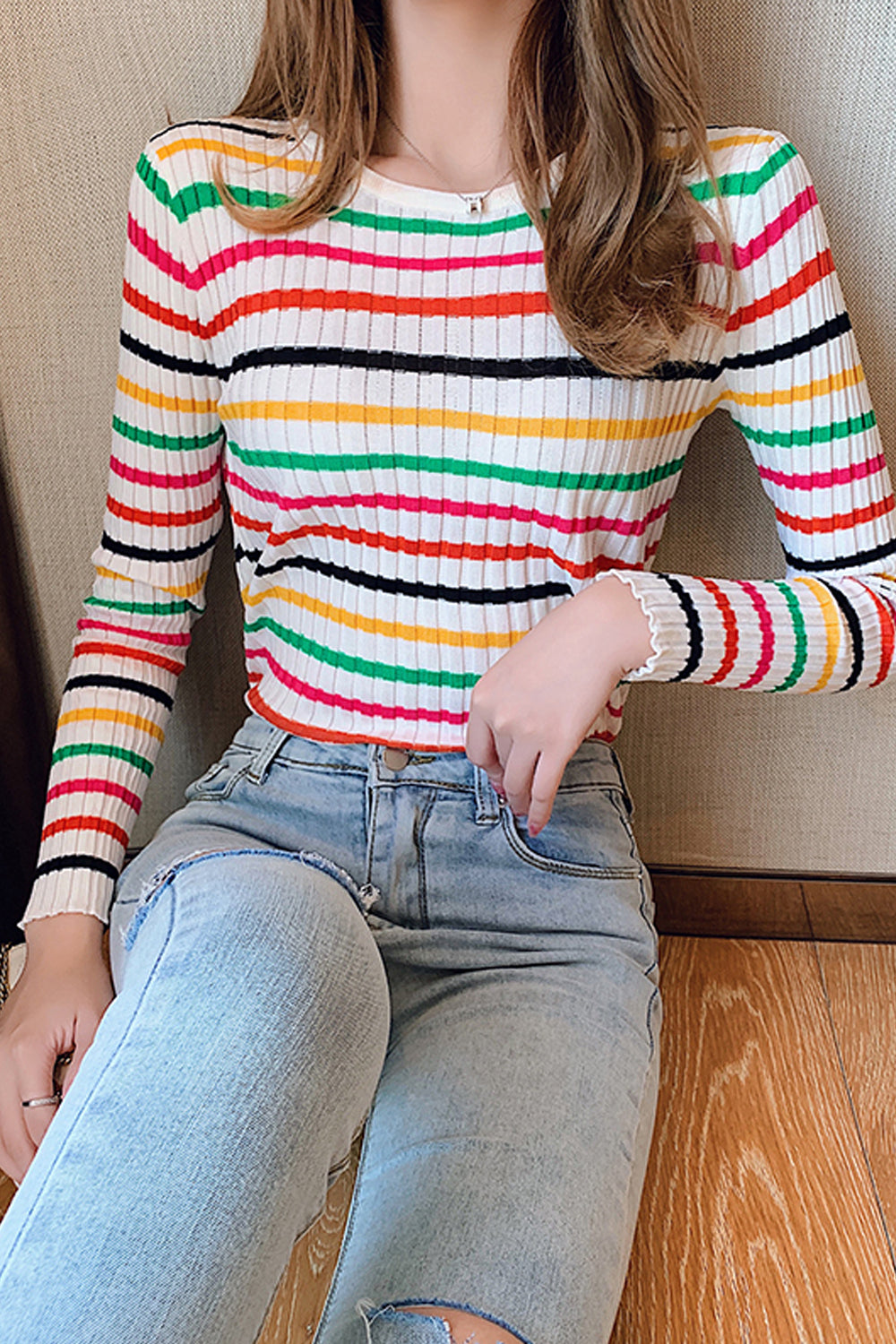 Colorful Striped Long Sleeve Slim Fit O-Neck Sweater for Y2K Aesthetic Outfits