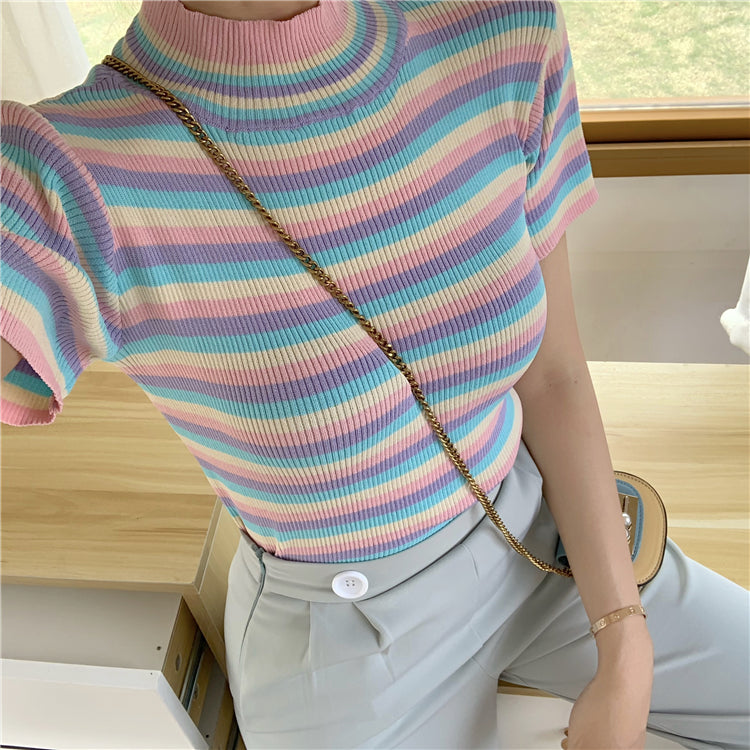 Colorful Striped Stand Collar Crop Top - Y2K Aesthetic Cute Top for Trendy Outfits