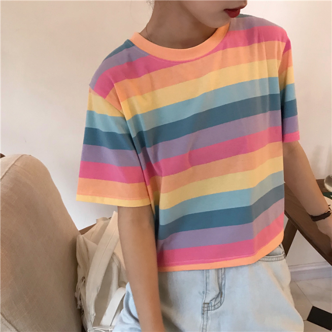 Colorful Striped Y2K Aesthetic Short O-Neck Top for Trendy Outfits