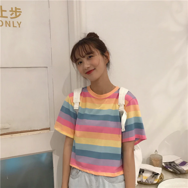 Colorful Striped Y2K Aesthetic Short O-Neck Top for Trendy Outfits