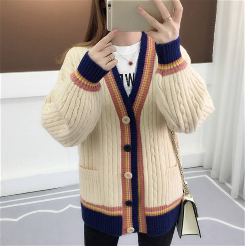 Contrast Color V-Neck Knitted Cardigan - Y2K Aesthetic Cozy Layering Essential