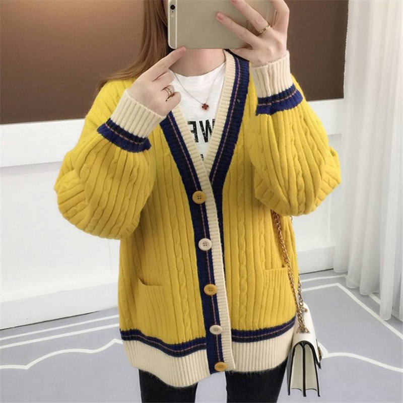 Contrast Color V-Neck Knitted Cardigan - Y2K Aesthetic Cozy Layering Essential