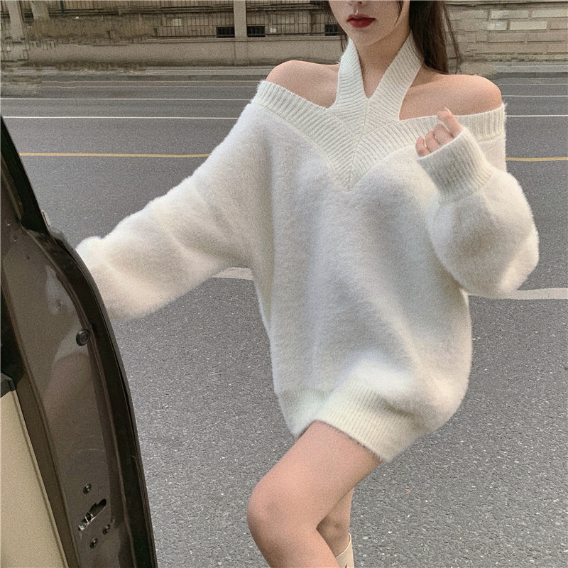 Coquette Aesthetic Beige Oversized Knit Sweater Dress - Y2K Soft Girl Style